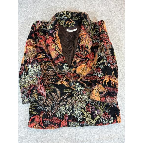 VINTAGE 90s Donnybrook Coat Jacket Womens Medium Animal Forest Scene Plush Retro - Picture 1 of 8